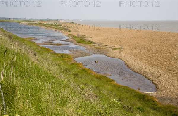 Shingle beach bar and lagoon formed by north to south longshore drift at Bawdsey, Suffolk, England, United Kingdom, Europe