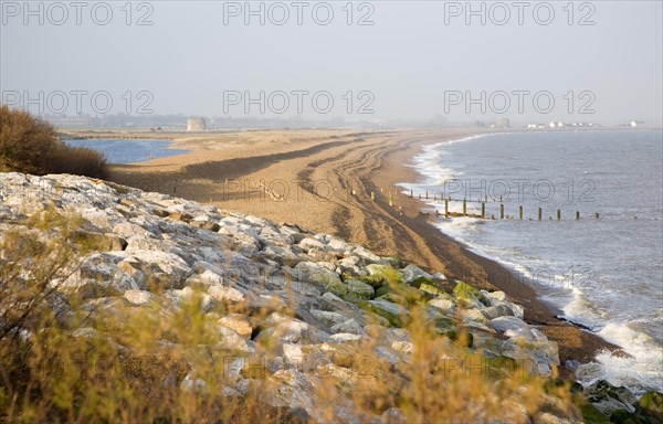 Shingle bay bar and lagoon formed by longshore drift, view north from Bawdsey to Shingle Street, Suffolk, England, United Kingdom, Europe
