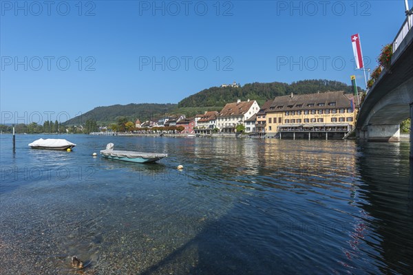 Stein am Rhein, cityscape, panorama, bridge, castle Hohenklingen, mountain, blue sky, canton Schaffhausen, Switzerland, Europe