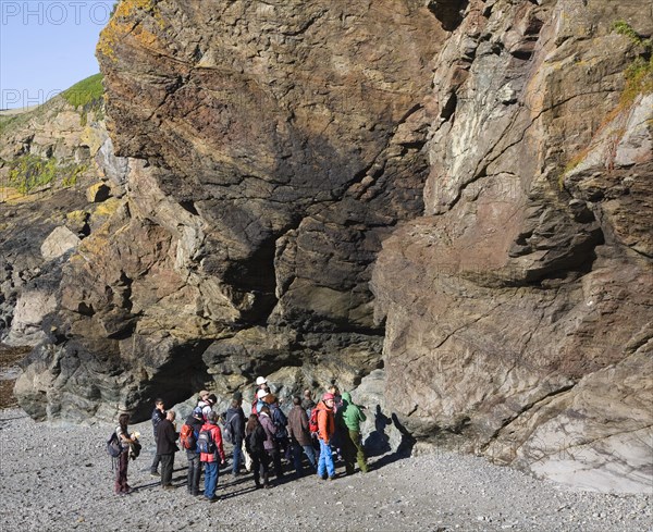 Student group of geologists on a fieldtrip at Polpeor Cove, Lizard Point, Cornwall, England, United Kingdom, Europe