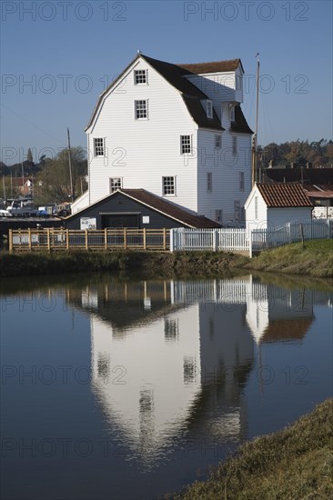 Tide mill pool reflection in mill pond Eiver Deben, Woodbridge, Suffolk, England. The present mill was built in 1793 on the site of more ancient mills and has been restored as a working mill and living museum