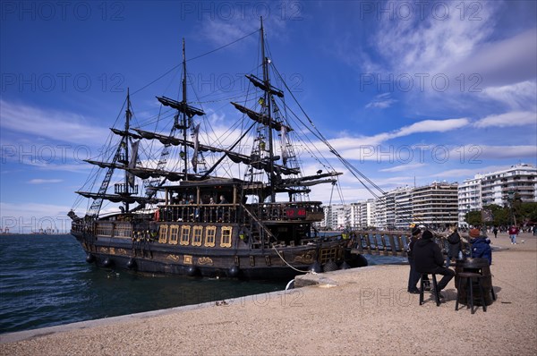 Tourist ship, excursion boat, pirate ship Arabella, Thessaloniki Pirates, anchored on the waterfront, Thessaloniki, Macedonia, Greece, Europe