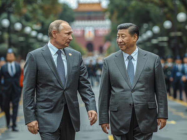 Russian President Vladimir Putin stands with General Secretary of China Xi Jinping, ai generated, AI generated