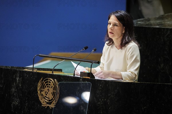 Plenary session of the United Nations General Assembly on 'AeRThe situation in the temporarily 'AeRoccupied territories of Ukraine in New York, 24 February 2024. Annalena Baerbock (Alliance 90/The Greens), Federal Foreign Minister, travels to New York to mark the anniversary of the attack on Ukraine. Photographed on behalf of the Federal Foreign Office