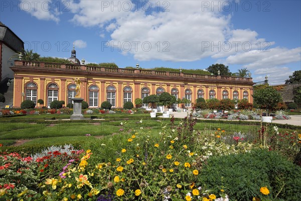 Orangery and gardens with flowers, castle garden, Weilburg, Taunus, Hesse, Germany, Europe