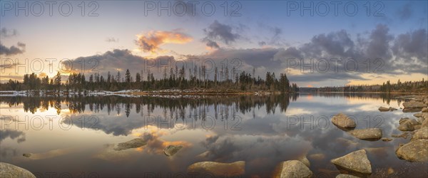 View over the Harz Oderteich in winter, reservoir, panorama, landscape format, evening light, landscape photography, nature photography, lake, rocks, Braunlage, Harz, Lower Saxony, Germany, Europe