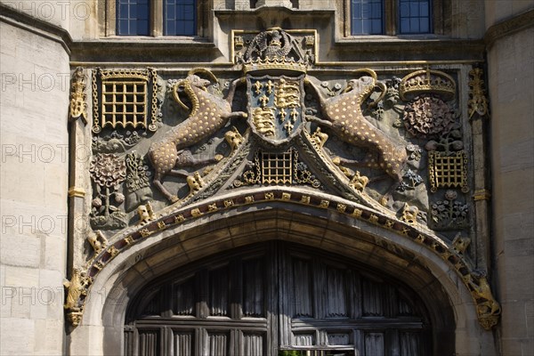 Ancient Coat of Arms of the Great Gate, Christ's College, University of Cambridge, England, United Kingdom, Europe