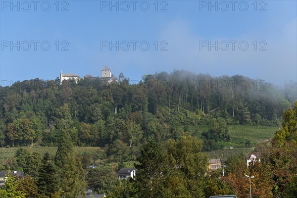 Stein am Rhein, Hohenklingen Castle, mountain, fog, blue sky, Canton Schaffhausen, Switzerland, Europe