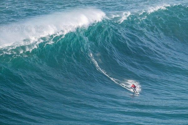 A surfer rides a crashing wave, Nazare, Portugal, Europe