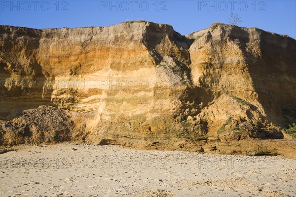 Rapid coastal erosion of soft cliffs between Benacre and Kessingland on the Suffolk coast England. The cliffs were formed by glacial outwash of sands and pebbles which overly older clay strata. This structure of permeable rock over impermeable clay makes the cliff especially prone to slumping and mass movement