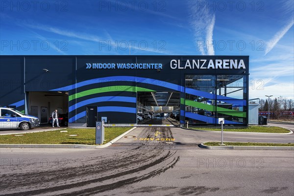 GLANZARENA, blue-green facade, indoor washing centre, Kempten, Bavaria, Allgaeu, Germany, Europe