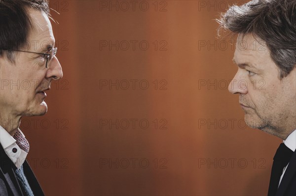 (L-R) Karl Lauterbach (SPD), Federal Minister of Health, and Robert Habeck (Alliance 90/The Greens), Federal Minister for Economic Affairs and Climate Protection and Vice-Chancellor, recorded during the weekly cabinet meeting in Berlin, 21 February 2024