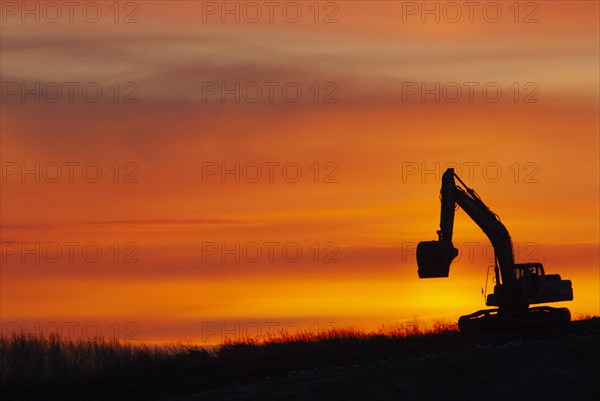 Construction, construction vehicle, civil engineering, excavator, sunset, sunrise, Germany, Europe