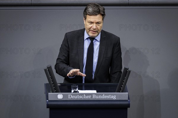 Robert Habeck, Federal Minister for Economic Affairs and Climate Protection and Vice-Chancellor, (Alliance 90/The Greens) recorded during his government statement on the annual economic report in the German Bundestag in Berlin, 22/02/2024