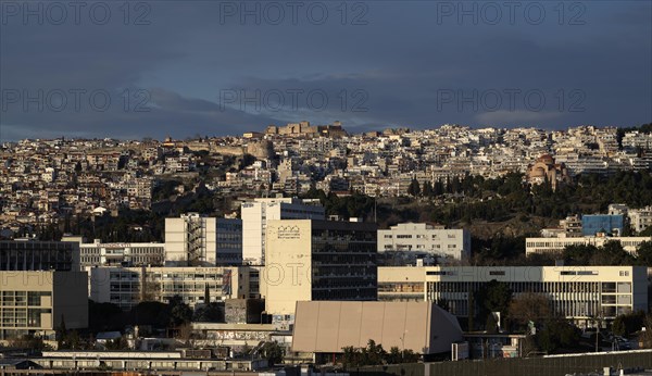 View from the OTE Tower, TV tower with Skyline Cafe, viewing platform, Acropolis, old town, Heptapyrgion, fortress, citadel, evening light, Thessaloniki, Macedonia, Greece, Europe