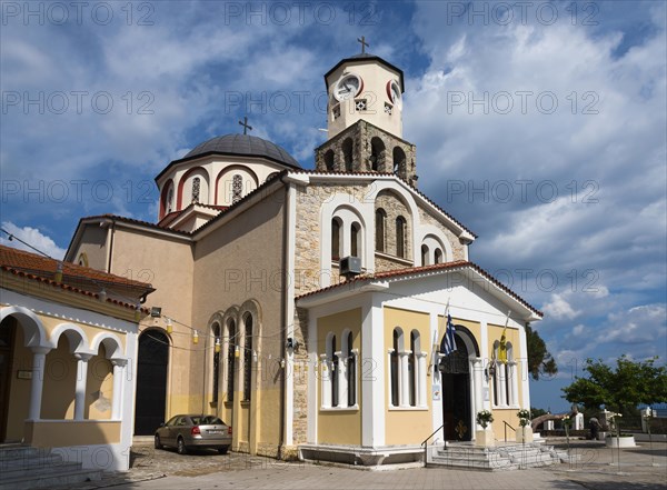 Orthodox church with a prominent bell tower surrounded by cobbled streets, Holy Church of the Assumption of the Virgin Mary, Old Town, Kavala, Dimos Kavalas, Eastern Macedonia and Thrace, Gulf of Thasos, Gulf of Kavala, Thracian Sea, Greece, Europe