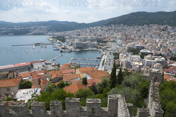 View of a harbour with numerous boats surrounded by city architecture, Kavala, Dimos Kavalas, Eastern Macedonia and Thrace, Gulf of Thasos, Gulf of Kavala, Thracian Sea, Greece, Europe