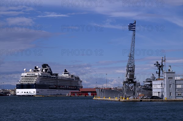 Old or historic harbour, cruise ship of the Celebrity Cruises X shipping line at anchor, warship, Thessaloniki, Thermaic Gulf, Macedonia, Greece, Europe