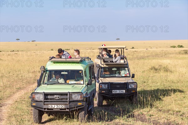 Tourists in safari cars watching and photographing the wildlife on the savanna, Maasai Mara, Kenya, Africa