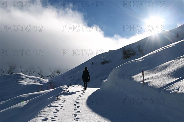 Hiking in a winter landscape in the Beverin nature park Park, Graubuenden, Switzerland, Europe