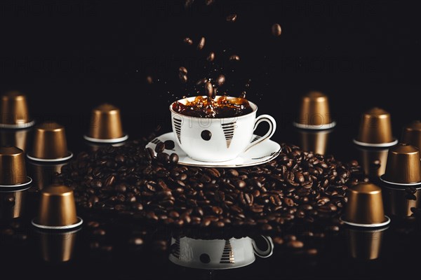 Coffee cup on coffee beans with falling beans and splashes, coffee capsules, reflection, black background