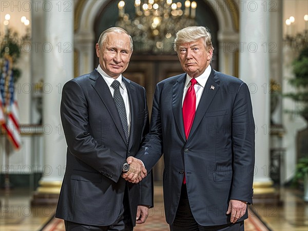 Russian President Vladimir Putin stands with USA President Donald Trump. AI generated