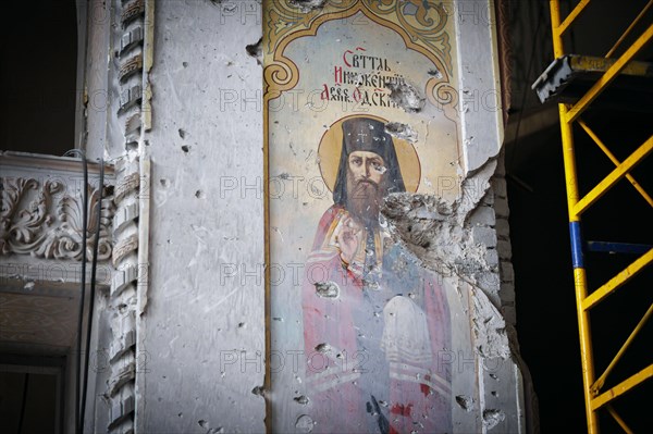 Destroyed paintings in the Ukrainian Orthodox Transfiguration Cathedral on Soborna Square in Odessa. Odessa, 24.02.2024. Photographed on behalf of the Federal Foreign Office