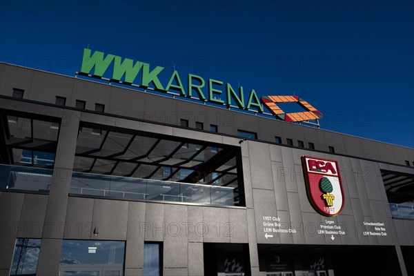 Exterior shot, WWK Arena, FC Augsburg FCA, main entrance, logo, lettering, blue hour, Augsburg, Bavaria, Germany, Europe