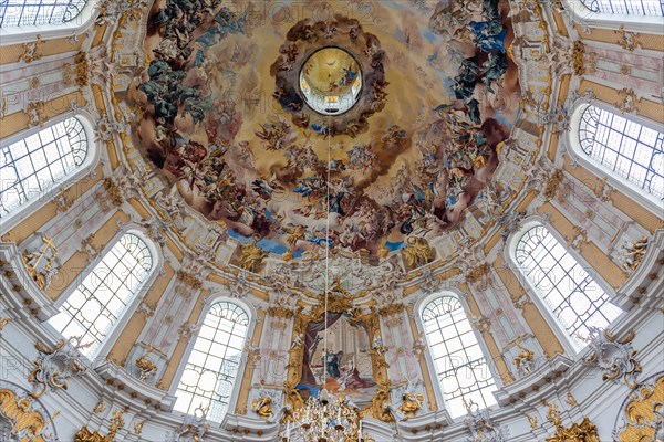 Baroque ceiling fresco with angels and golden ornaments in a magnificent church, Benedictine Abbey of Ettal, Bavaria
