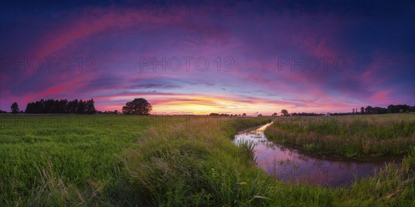 Landscape photo of a moat at sunset, panorama, wind, landscape format, evening light, landscape photography, nature photography, Brokeloh, Nienburg Weser, Lower Saxony, Germany, Europe