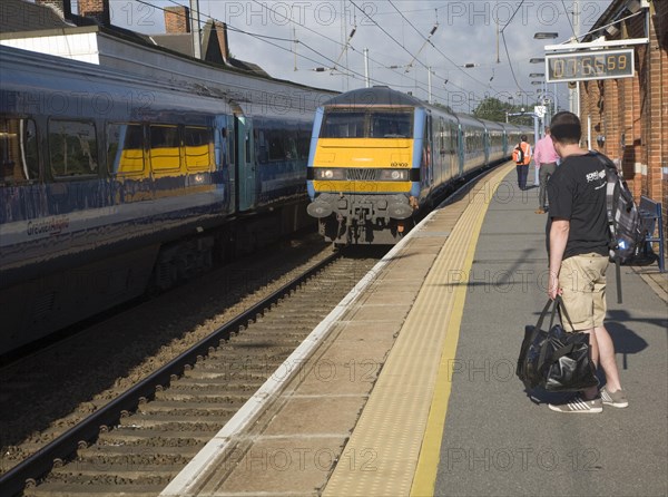 Train arriving platform Manningtree railway station, Essex, England, United Kingdom, Europe