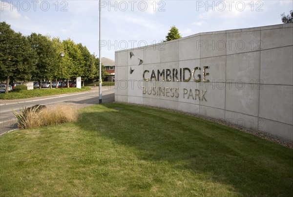 Sign on wall at entrance to Cambridge Business Park, Cambridge, England, United Kingdom, Europe