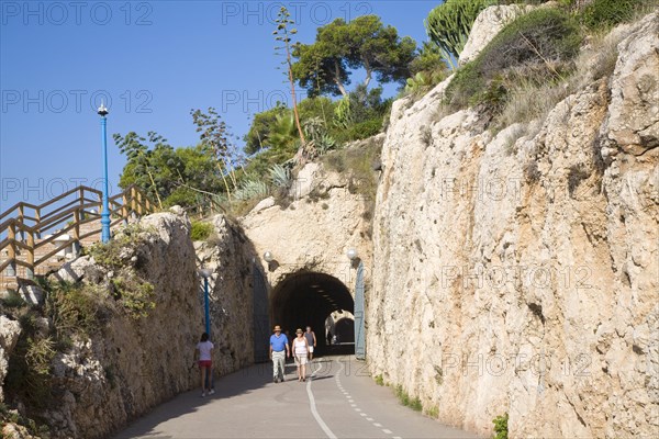 Walkway in former railway tunnels between La Cala del Moral and Rincon de la Victoria, Malaga province, Spain, Europe
