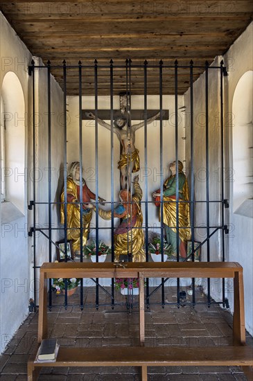 Chapel, crucifix with mourning figures on the Buchenberg, Buchenberg, Allgaeu, Bavaria, Germany, Europe