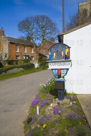 Village sign and houses, Happisburgh, Norfolk, England, United Kingdom, Europe