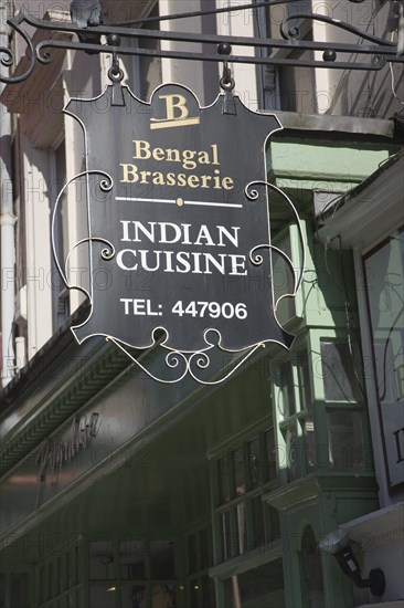 Bengal Brasserie Indian Cuisine restaurant sign, Milsom Street, Bath, Somerset, England, United Kingdom, Europe