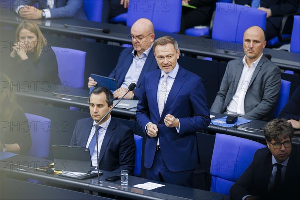 Christian Lindner (FDP), Federal Minister of Finance, recorded during a government questioning in the plenary session of the Bundestag. Berlin, 21.02.2024