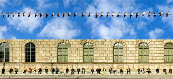 People sitting in the sun on an otherwise cool day, Max-Joseph-Platz, Munich, Bavaria, Germany and domestic pigeons sitting on a wire, vintage, retro