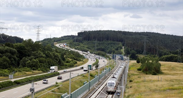 An ICE T on the high-speed line for ICE trains next to the A71 motorway near Behringen. The new Leipzig Erfurt line is a high-speed railway line between Erfurt and Nuremberg, 19 June 2018