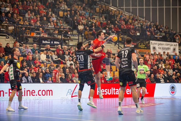 18.02.2024, 2nd HBL, German Handball League, matchday 21) : Game scene Eulen Ludwigshafen against TuS N-Luebbecke (final score 34:32) . Player on the ball: Jannek Klein (Eulen Ludwigshafen)