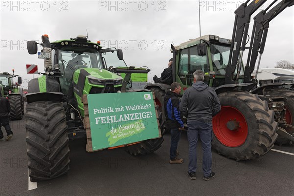 Tractor with sign, Far-sightedness is not an option, Farmer protests, Demonstration against policies of the traffic light government, Abolition of agricultural diesel subsidies, Duesseldorf, North Rhine-Westphalia, Germany, Europe