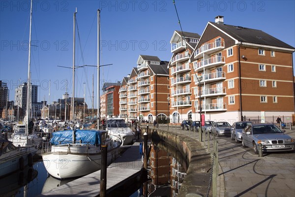 Modern waterside apartment buildings, Wet Dock redevelopment, Ipswich, Suffolk, England, United Kingdom, Europe