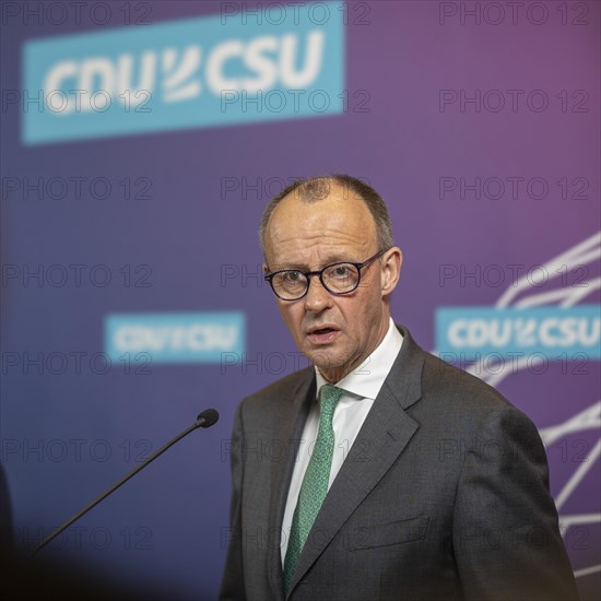 Friedrich Merz, CDU party chairman, CDU/CSU parliamentary group leader, during a press statement in front of a parliamentary group meeting. Berlin, 20.02.2024