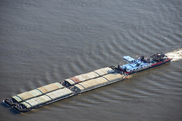 Aerial photo, pushed convoy, pushed barge. barge, lighter, Elbe, transport, ship, Elbe, Hamburg, Germany, Europe