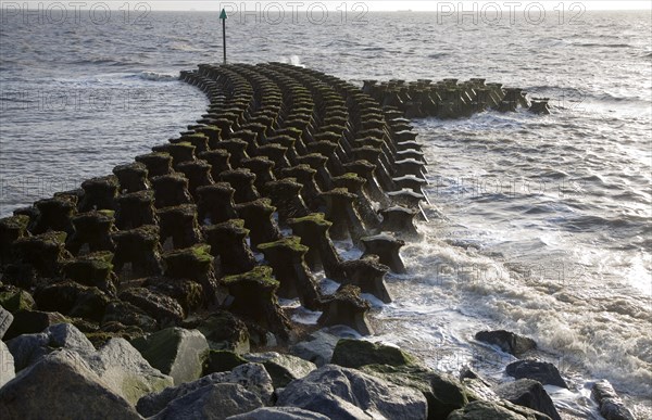 Coastal defences on the North Sea coast in East Anglia at Cobbold's Point, Felixstowe, Suffolk, England, United Kingdom, Europe