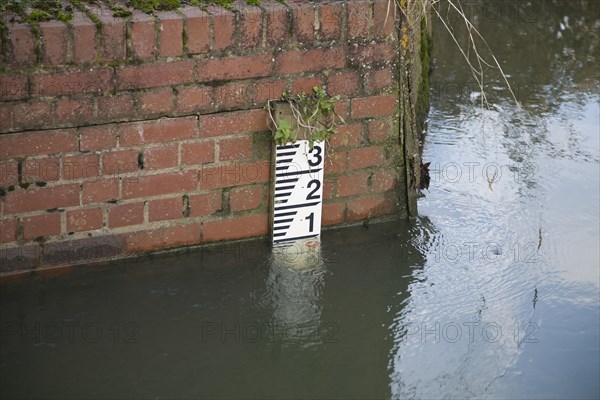 River depth measuring marker scale on the River Deben, Campsea Ashe, Suffolk, England, United Kingdom, Europe