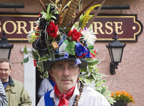 Traditional Morris Men doing country dancing in the village of Shottisham, Suffolk, England, United Kingdom, Europe