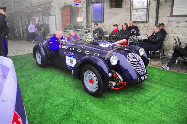 Mille Miglia 2016, time control, checkpoint, SAN MARINO, start no. 198 HEALEY 2400 SILVERSTONE E-TYPE built in 1950 Vintage car race. San Marino, Italy, Europe