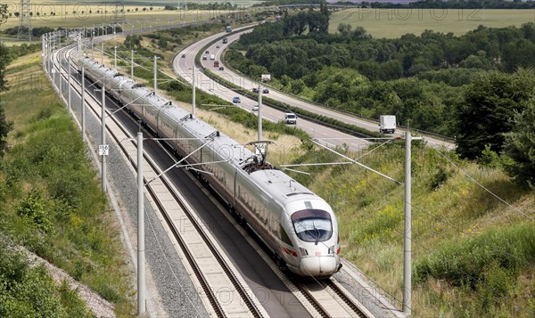 An ICE T on the high-speed line for ICE trains next to the A71 motorway near Branchewinda. The new Leipzig Erfurt line is a high-speed railway line between Erfurt and Nuremberg, 19 June 2018