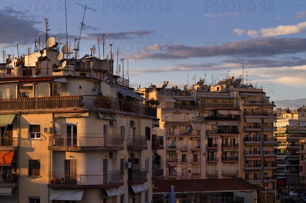 Residential buildings, roof antennas, Leonida Iasonidou street, evening light, Thessaloniki, Macedonia, Greece, Europe